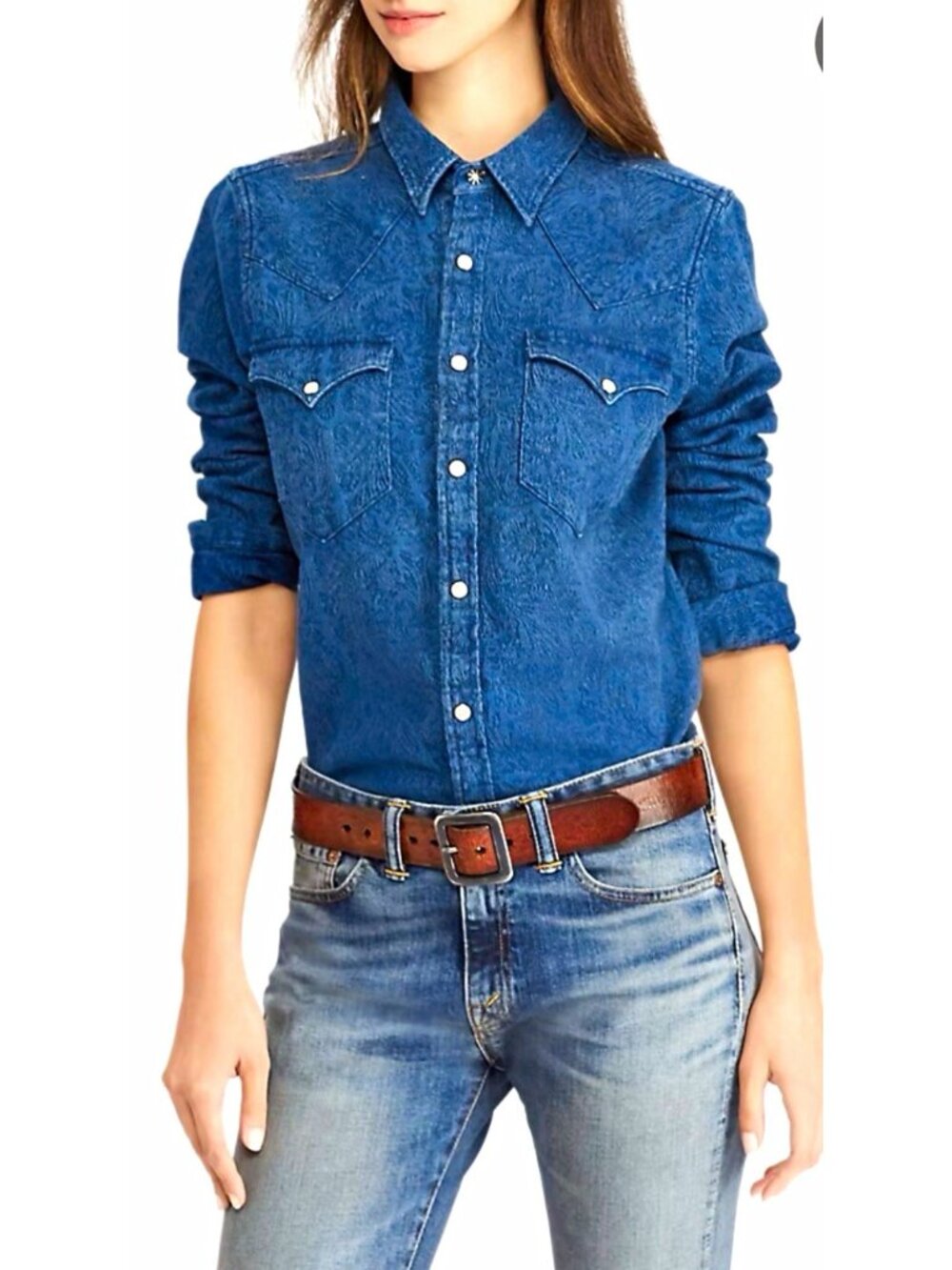 Ralph Lauren Womens Blue Denim Paisley Collared Button-Up Long Sleeve Size 10